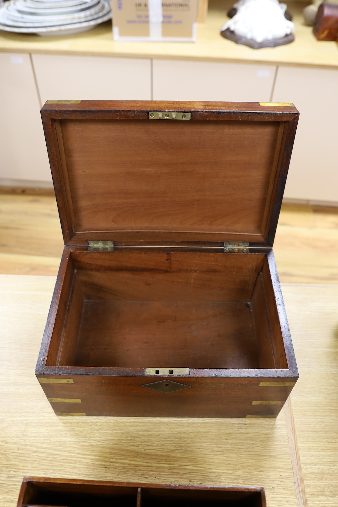 A military style Victorian mahogany box and Edwardian inlaid stationary rack, box 38 cms wide x 20 cms high